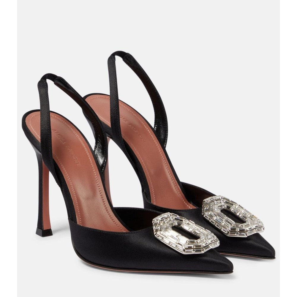 AMINA MUADDI Camelia Satin 105 Sling Heels in Black 39.5 New With Box Womens